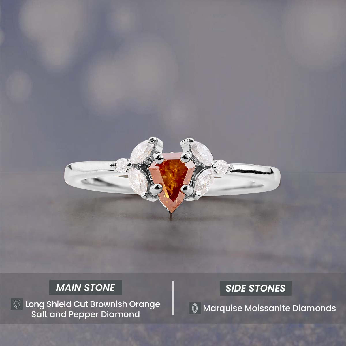 Shield Cut Orange Natural Rustic Diamond and Moissanite Ring