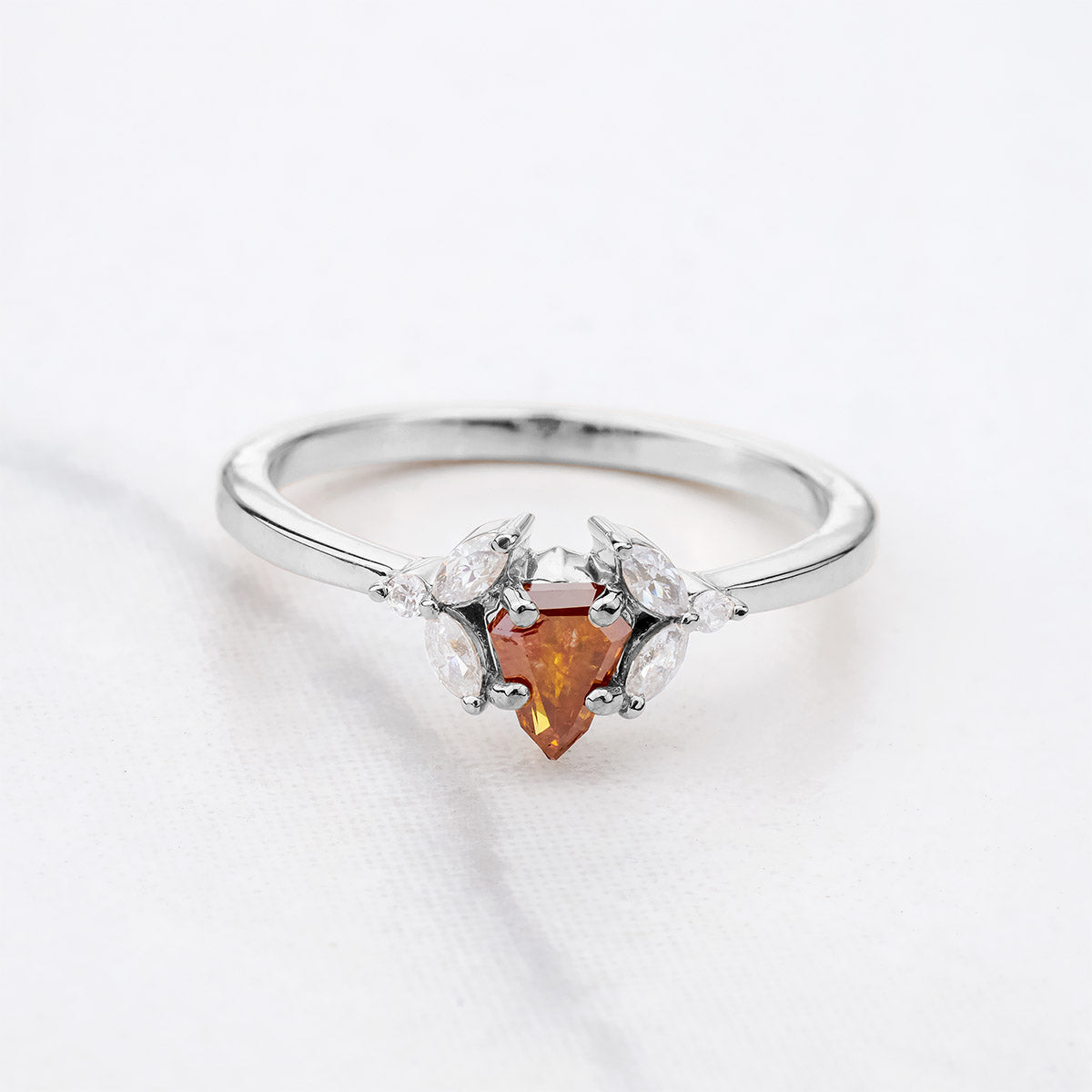 Shield Cut Orange Natural Rustic Diamond and Moissanite Ring
