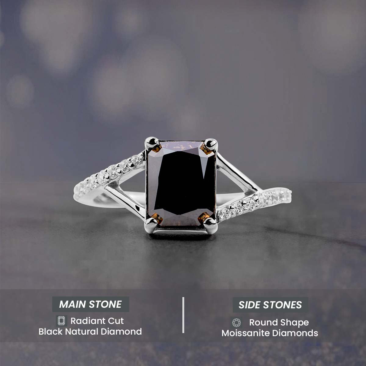 Radiant Cut Black Natural Diamond Engagement Ring Rose Gold
