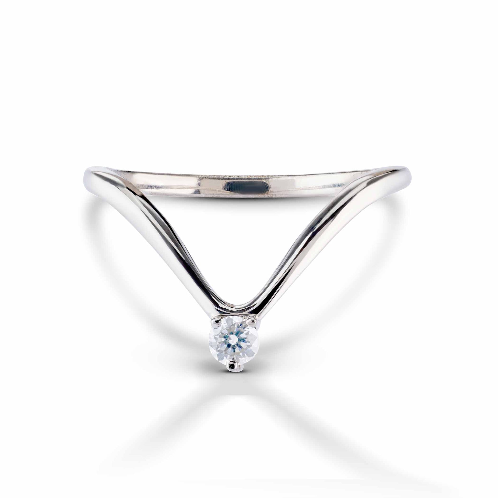 Modern V-shaped white gold ring highlighting a solitary round-cut accent stone.