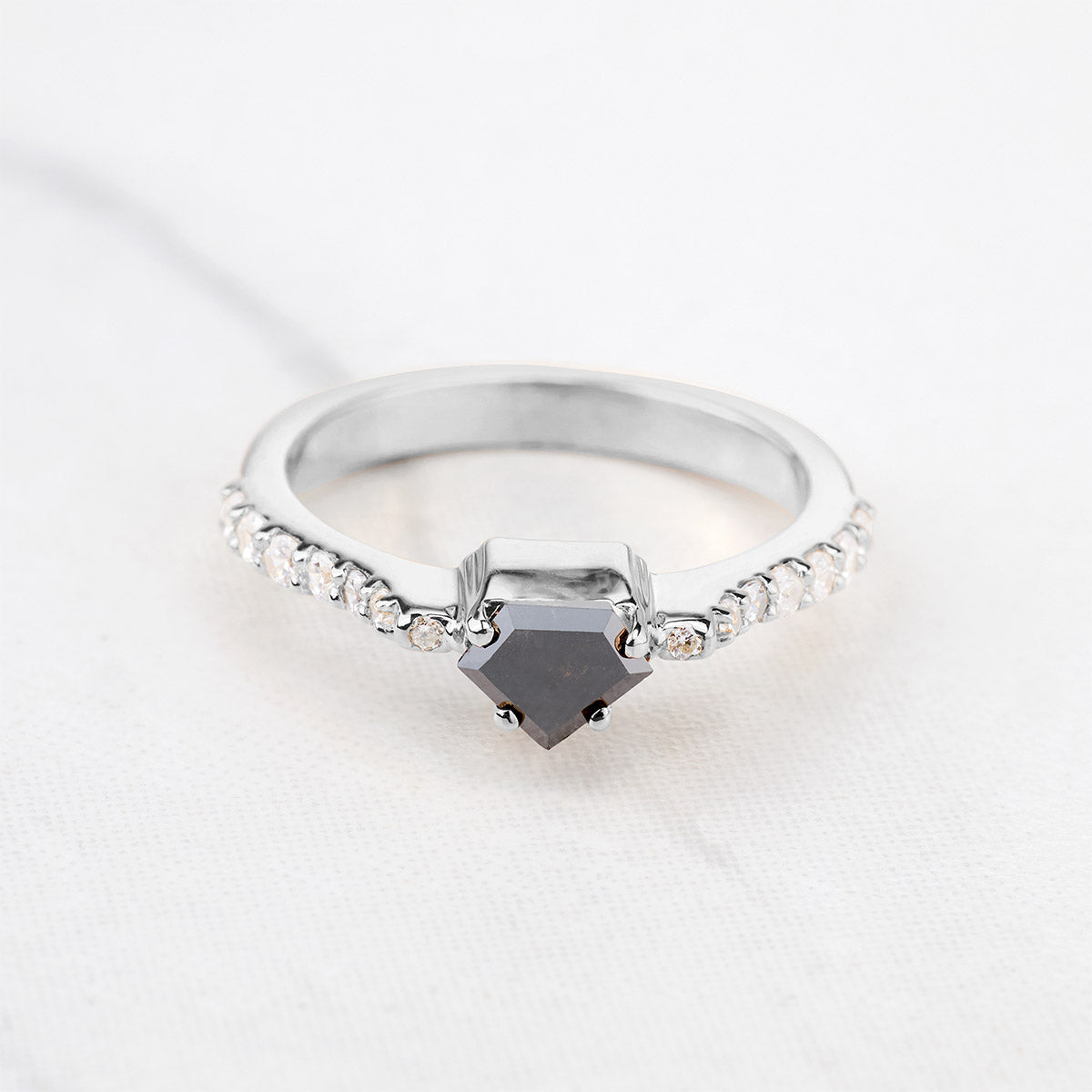 Pentagon Cut Black Natural Rustic Diamond Engagement Ring