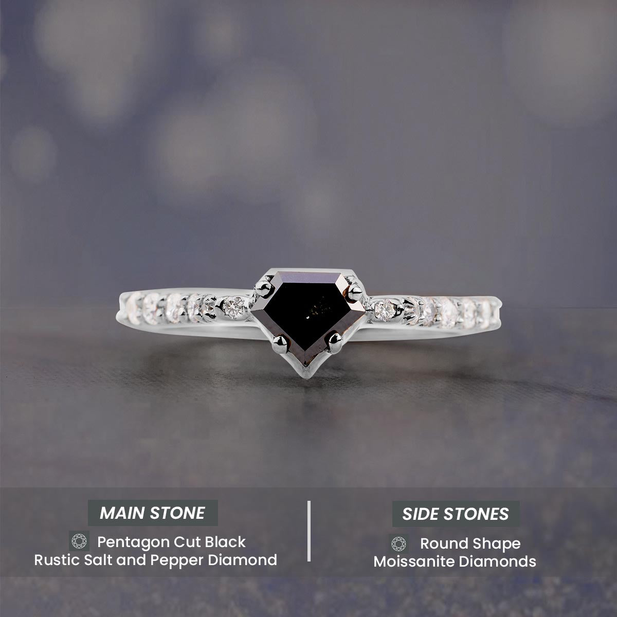 Pentagon Cut Black Natural Rustic Diamond Engagement Ring