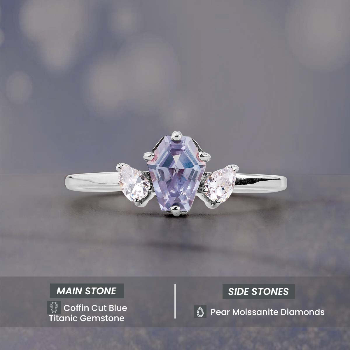 Coffin Cut Blue Titanic Gemstone and Pear Moissanite 3 Stone Engagement Ring