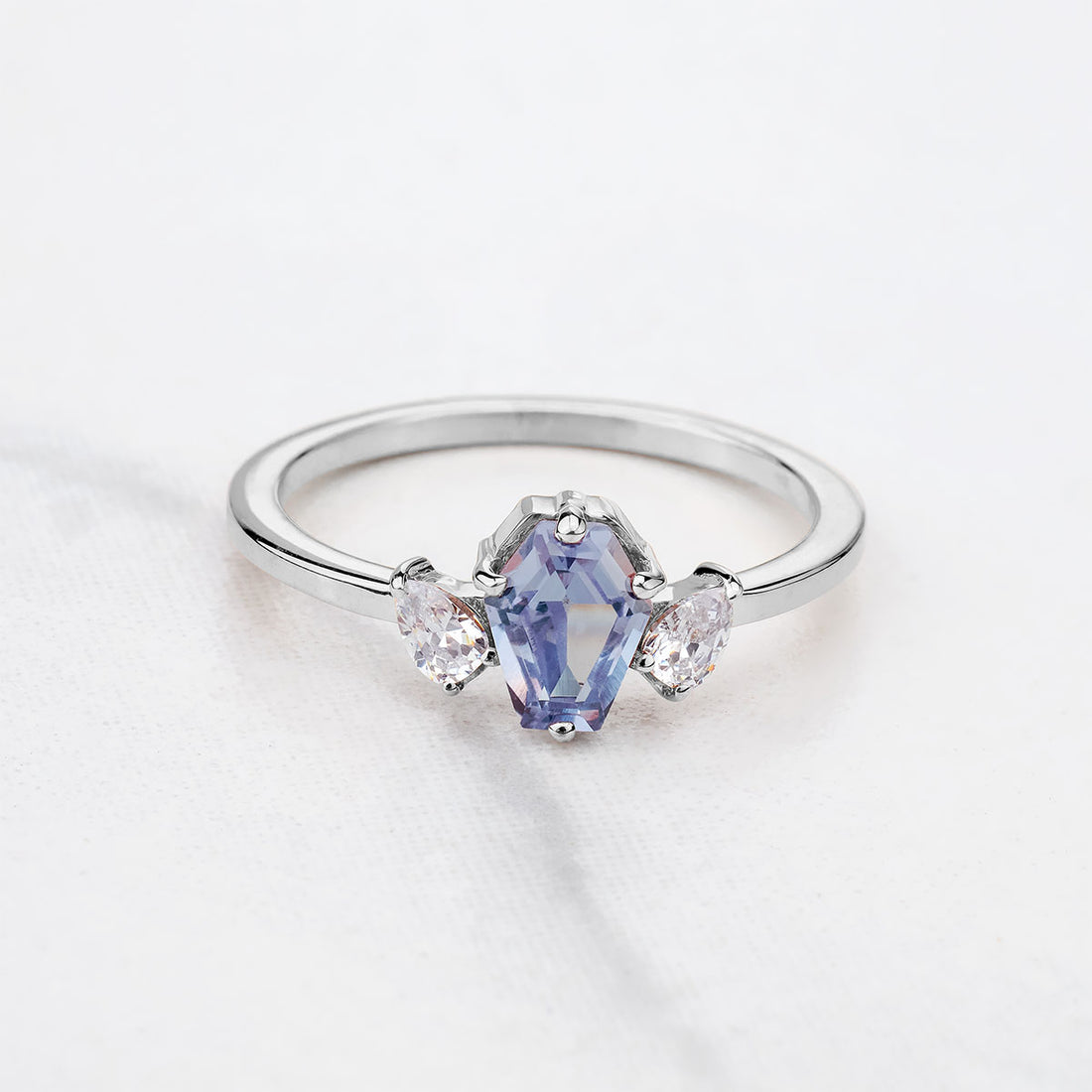 Coffin Cut Blue Titanic Gemstone and Pear Moissanite 3 Stone Engagement Ring