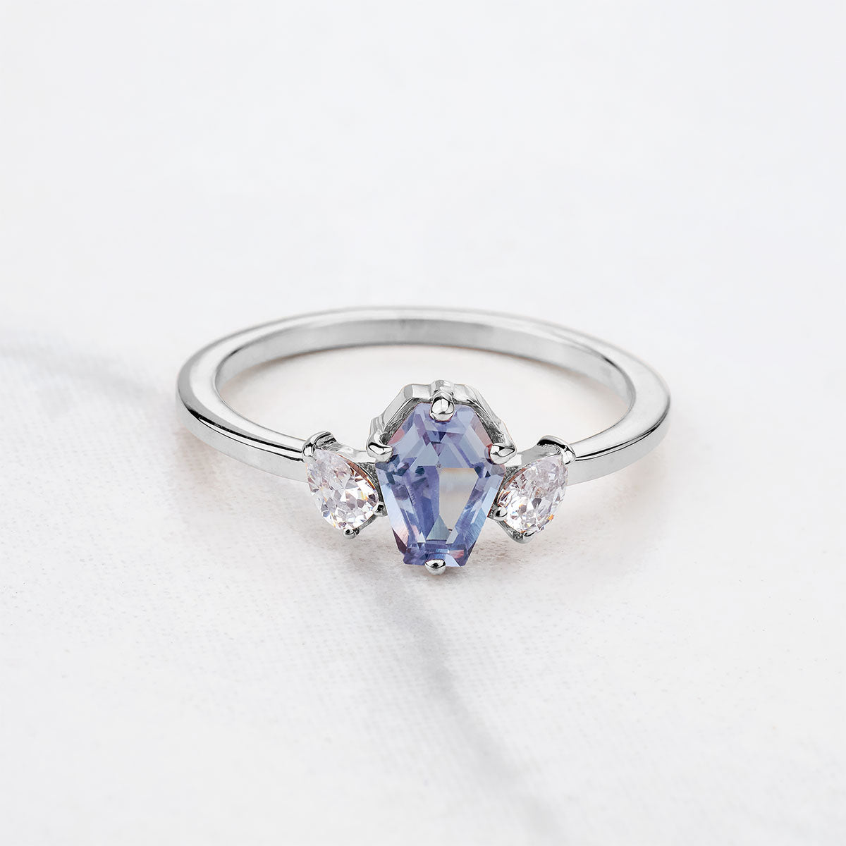 Coffin Cut Blue Titanic Gemstone and Pear Moissanite 3 Stone Engagement Ring