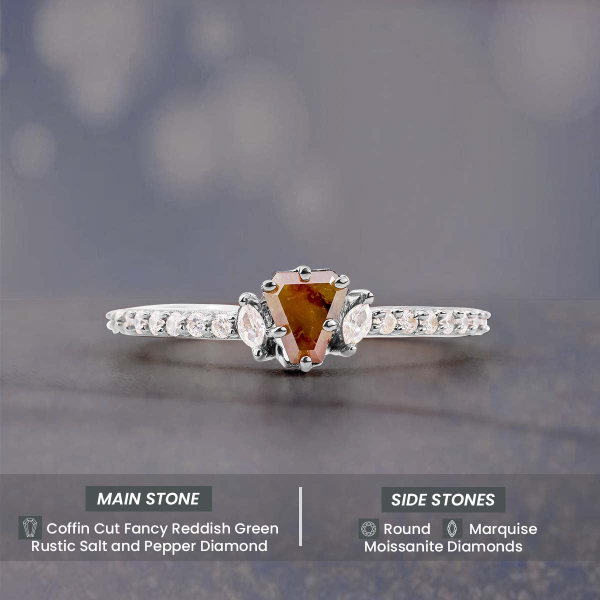 Fancy colored natural rustic diamond coffin cut engagement ring