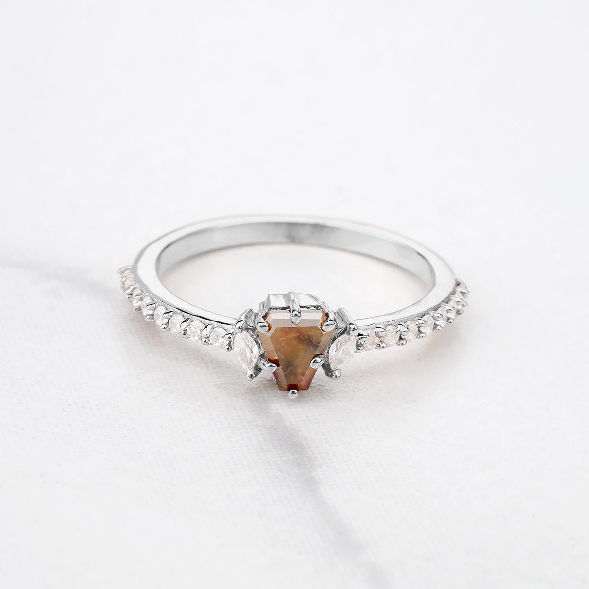 Fancy colored natural rustic diamond coffin cut engagement ring