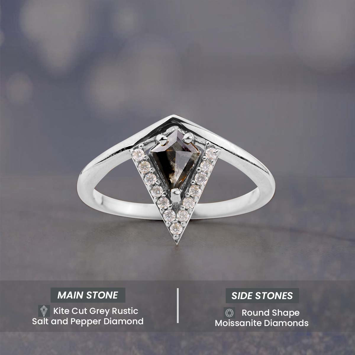 Unique Kite Cut Salt and Pepper Diamond Ring Engagement Rings