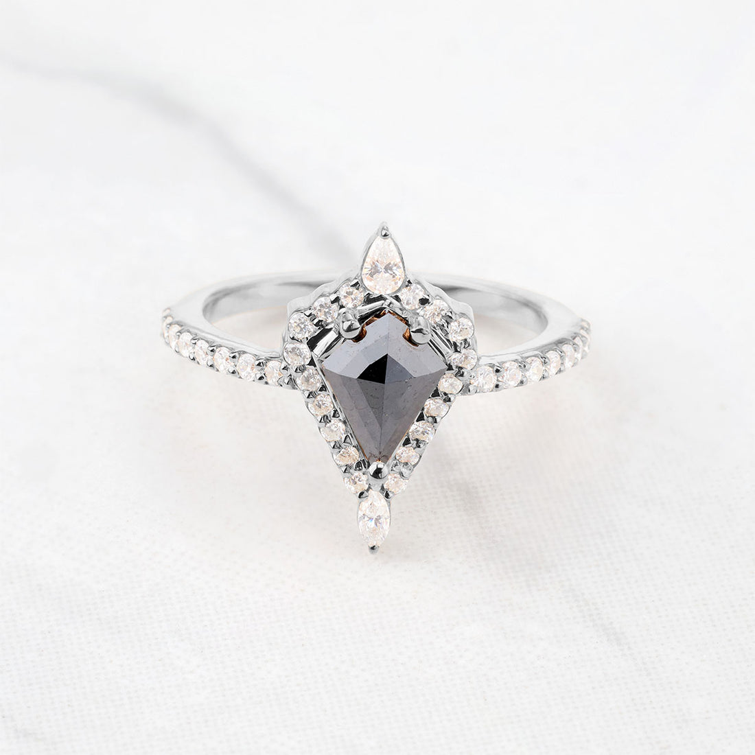 Kite Cut Black Rustic Diamond Halo Moissanite Engagement Ring
