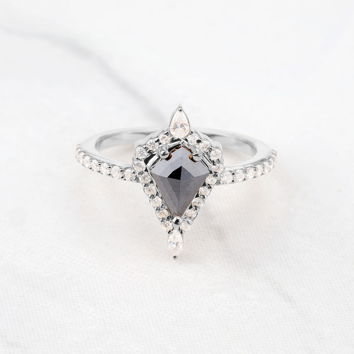 Kite Cut Black Rustic Diamond Halo Moissanite Engagement Ring