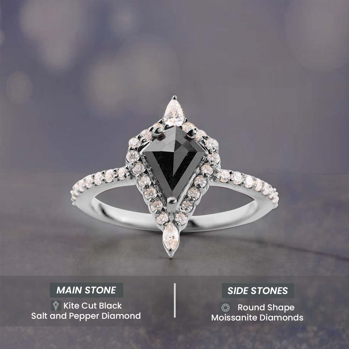 Kite Cut Black Rustic Diamond Halo Moissanite Engagement Ring