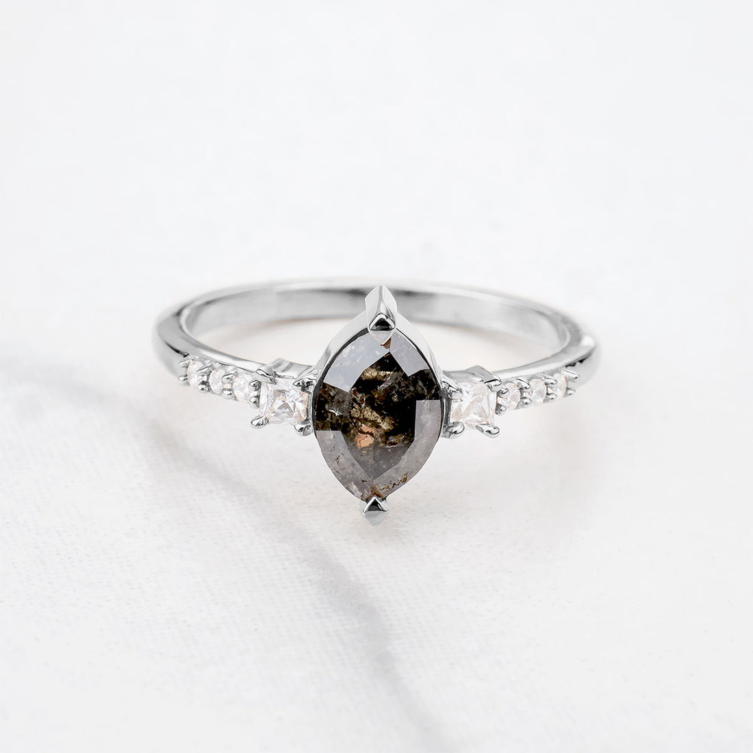 Marquise cut rustic salt and pepper natural diamond wedding ring