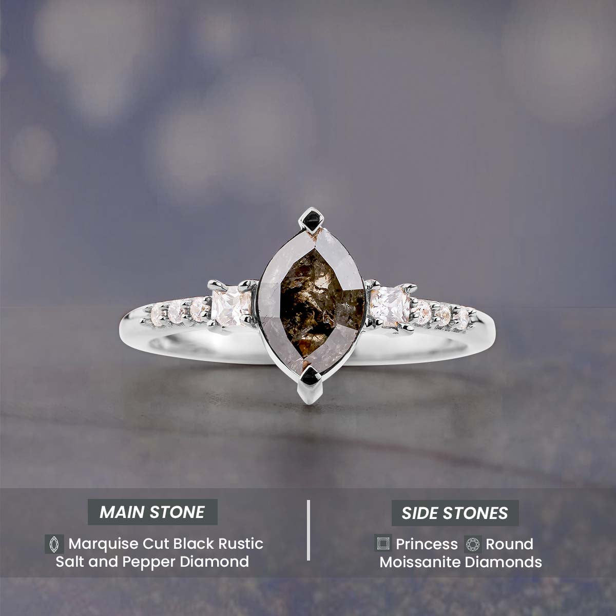 Marquise cut rustic salt and pepper natural diamond wedding ring