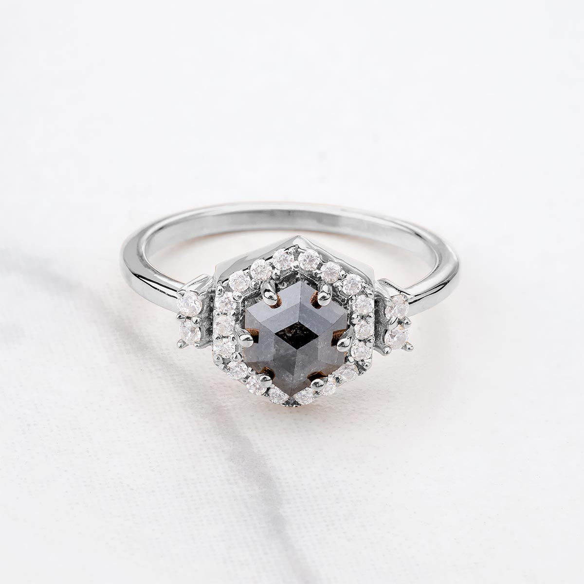 Hexagon Cut Grey Natural Rustic Salt and Pepper Diamond Ring