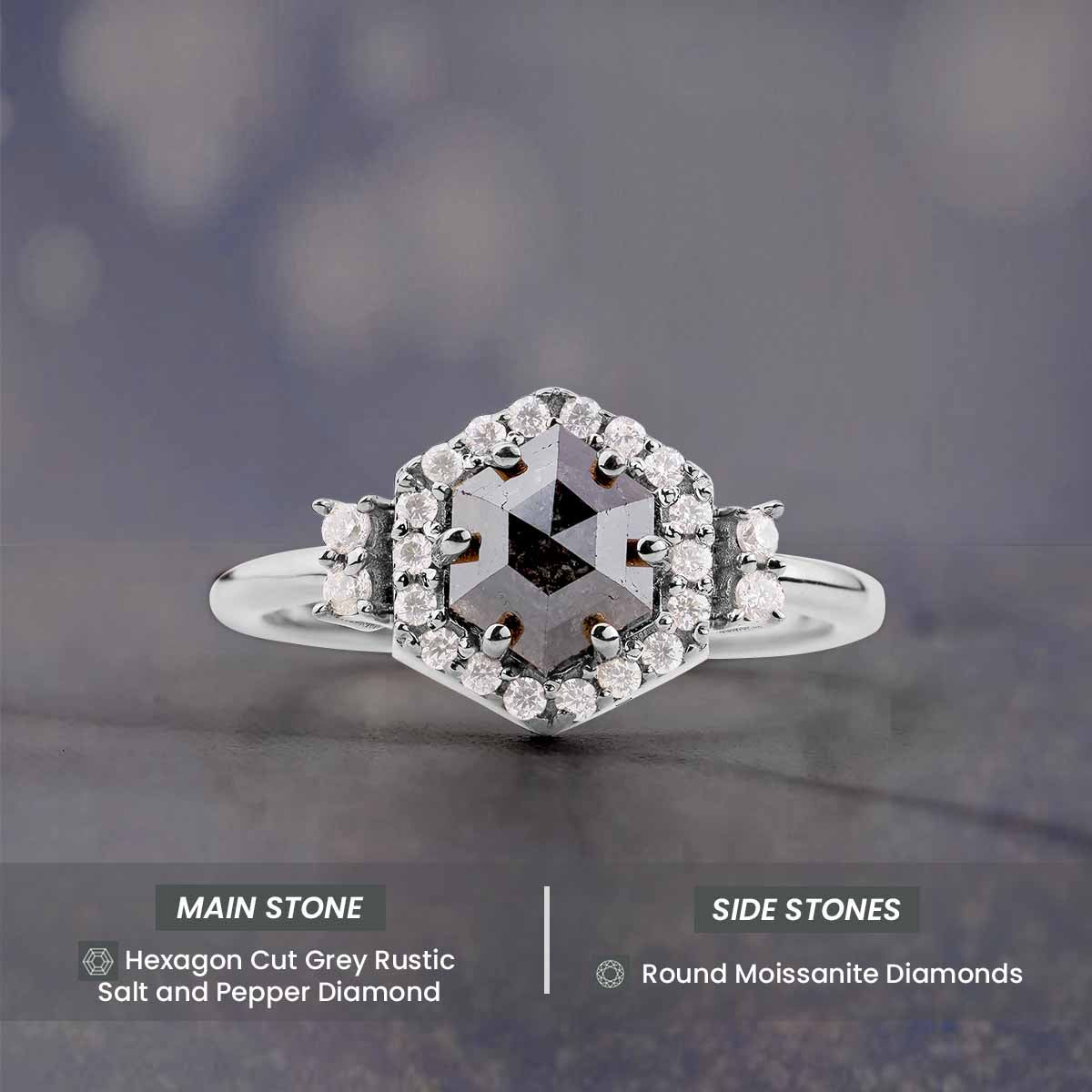 Hexagon Cut Grey Natural Rustic Salt and Pepper Diamond Ring