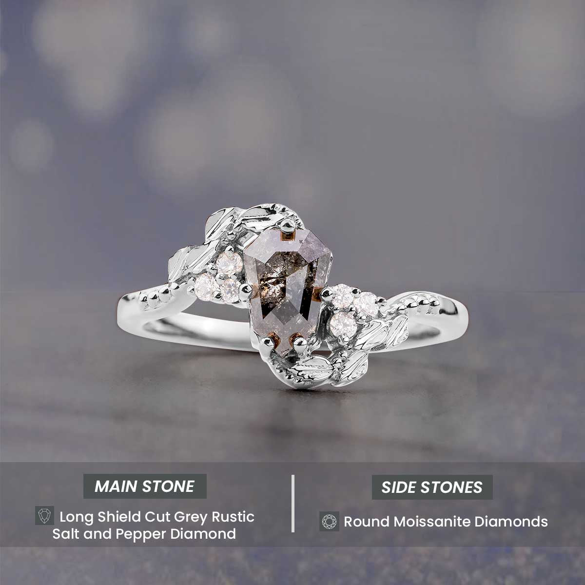 Shield Rose Cut Natural Salt and Pepper Diamond Art Deco Ring