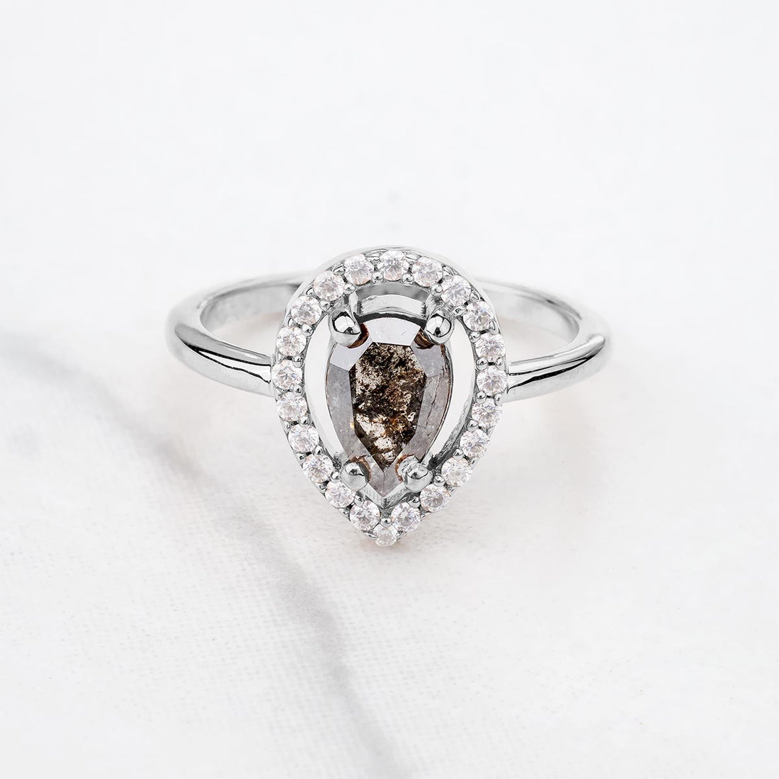 Natural Salt and Pepper Diamond Halo Moissanite Teardrop Engagement Ring