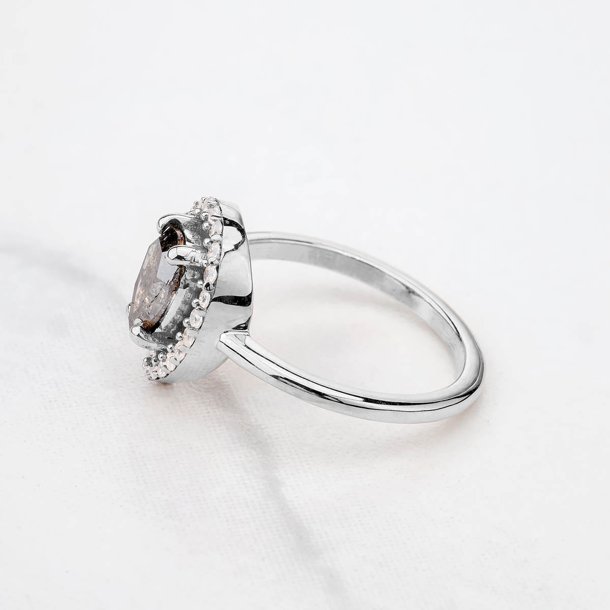 Silver teardrop salt and pepper diamond ring, a bohemian statement piece that pairs with stackable bands