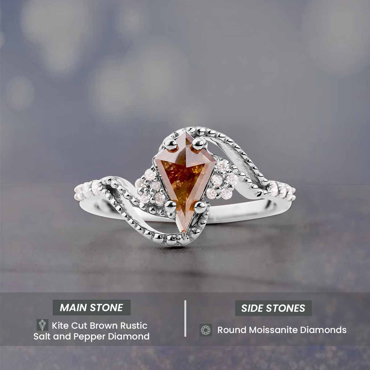 Kite Rose Cut Brown Rustic Diamond Cluster Moissanite Vintage Engagement Ring