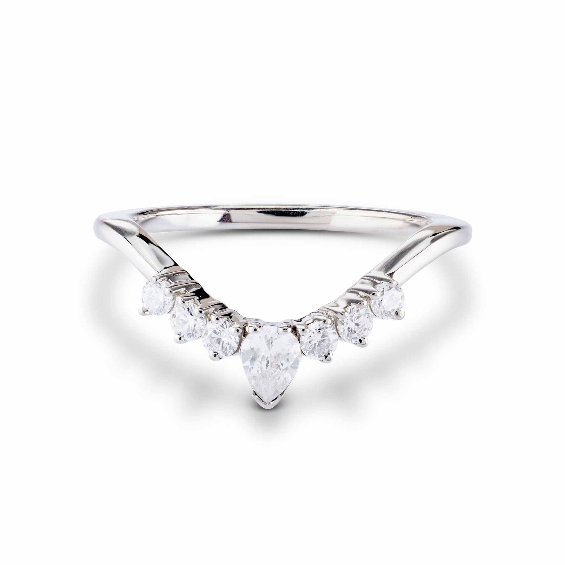 Minimalist chevron-style silver ring accented with seven sparkling white diamonds.