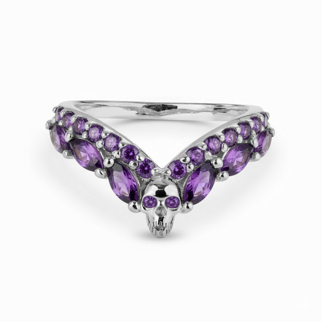 Sterling silver skull ring enhancer guard with purple amethyst gemstones, Chevron V-shaped curved wishbone nesting stacking wedding band