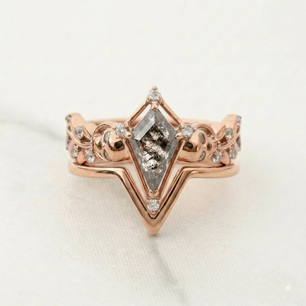Kite Cut Salt and Pepper Natural Diamond Gothic Nature Skull Bridal Ring Set in 18k Rose Gold