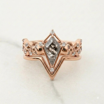 Kite Cut Salt and Pepper Natural Diamond Gothic Nature Skull Bridal Ring Set in 18k Rose Gold