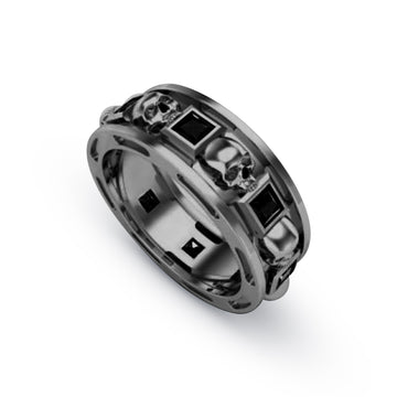 Onyx Skull Wedding Band for Men Gun Metal Plated 925 Sterling Silver