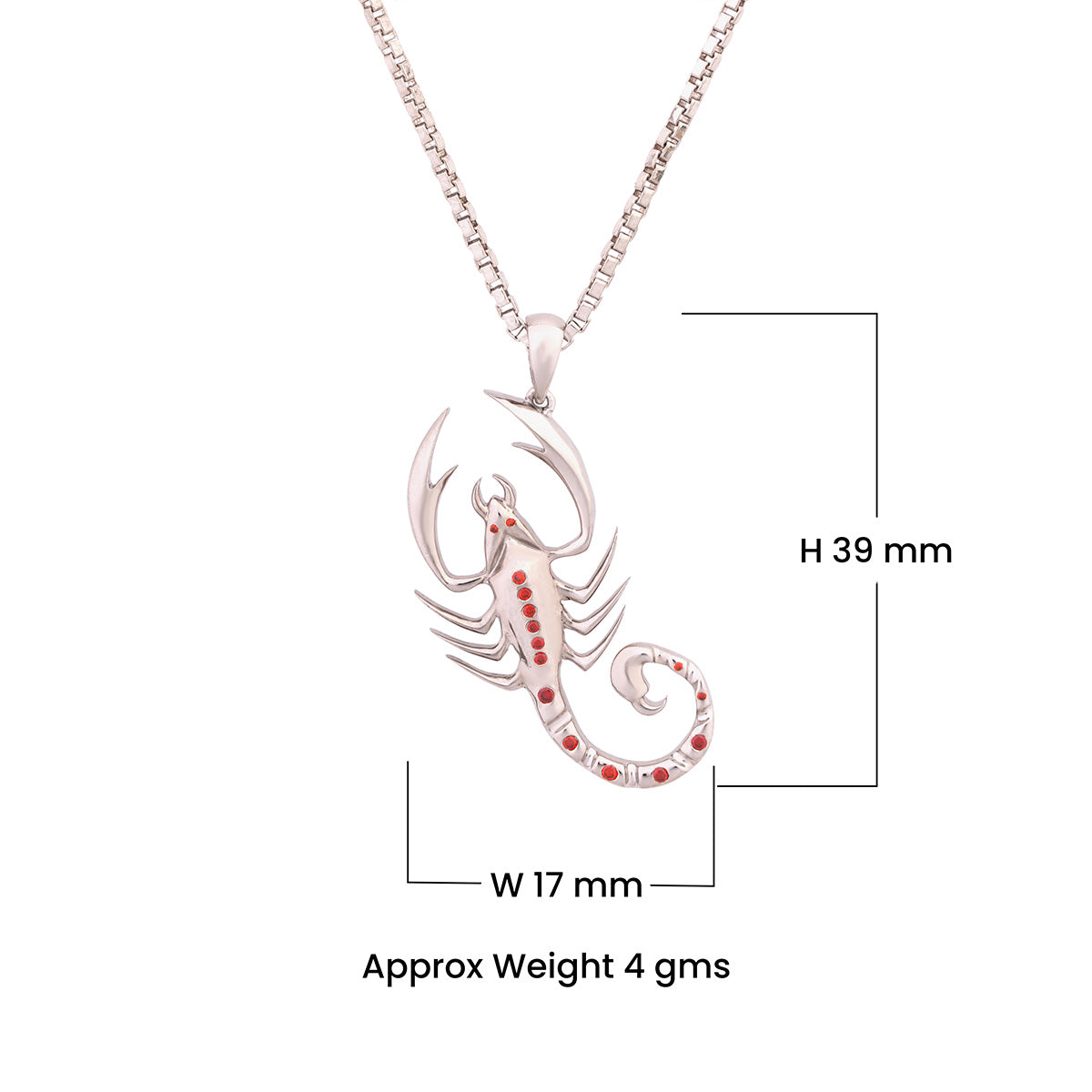 Scorpion-shaped pendant on a chain with measurements and weight details.