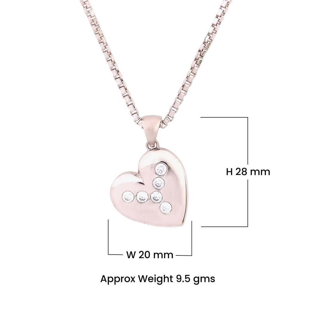 Sterling Silver Heart-shaped pendant necklace with dimensions and weight on a white background