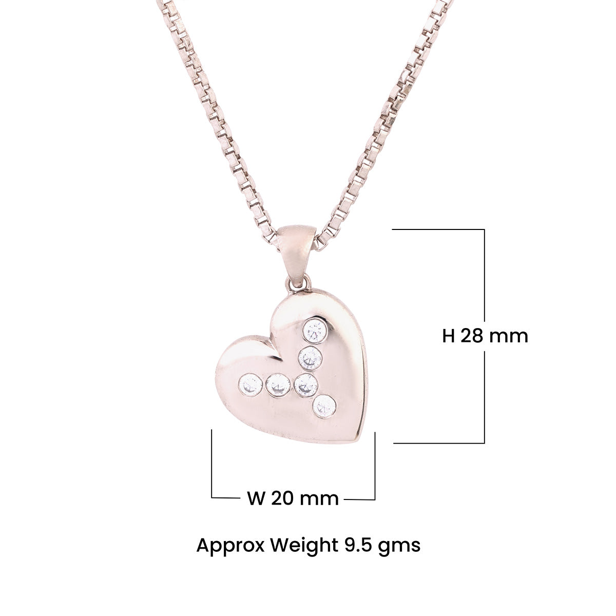 Sterling Silver Heart-shaped pendant necklace with dimensions and weight on a white background