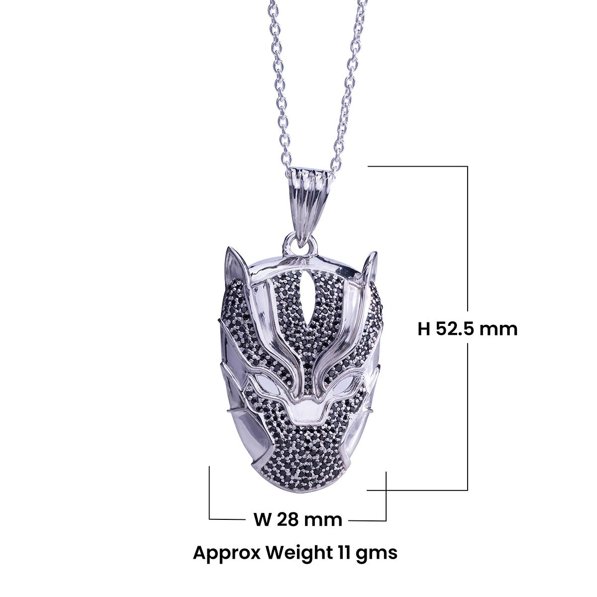 Panther pendant with black stones on a white background, showing measurements and weight.