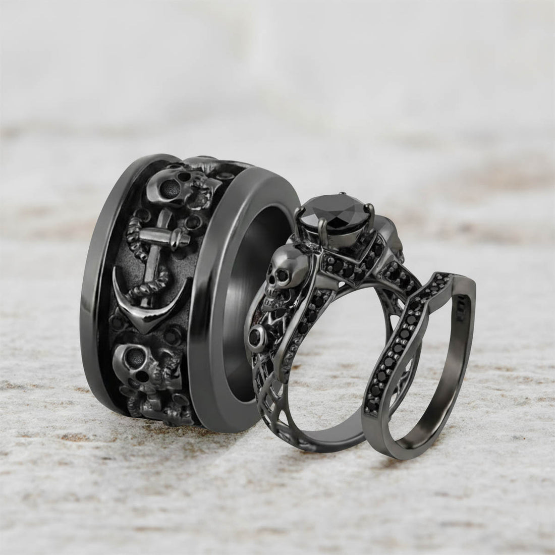 Black skull engagement wedding ring set with onyx gemstones in gun metal finished sterling silver