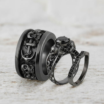 Black skull engagement wedding ring set with onyx gemstones in gun metal finished sterling silver