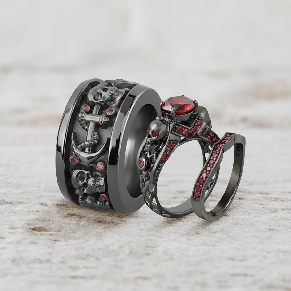 matching black skull wedding ring set of 3 pieces, crafted in sterling silver with red garnet gemstones