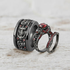 Dark Vampire Queen Inspired Matching Gothic Skull Wedding Ring Set