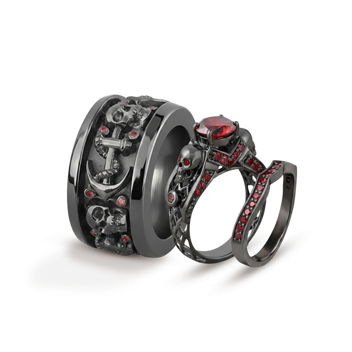 matching black skull wedding ring set of 3 pieces, crafted in sterling silver with red garnet gemstones