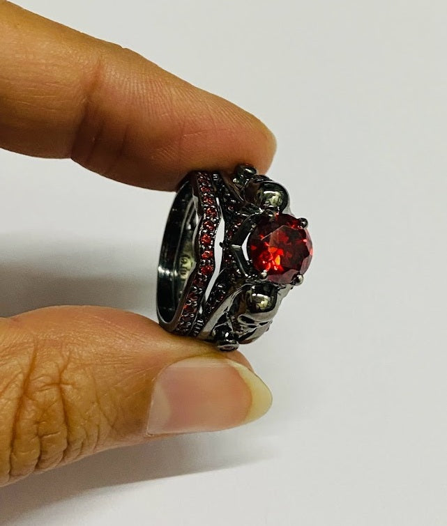 Dark Vampire Queen Skull Engagement Ring Set Bridal Ring Sets