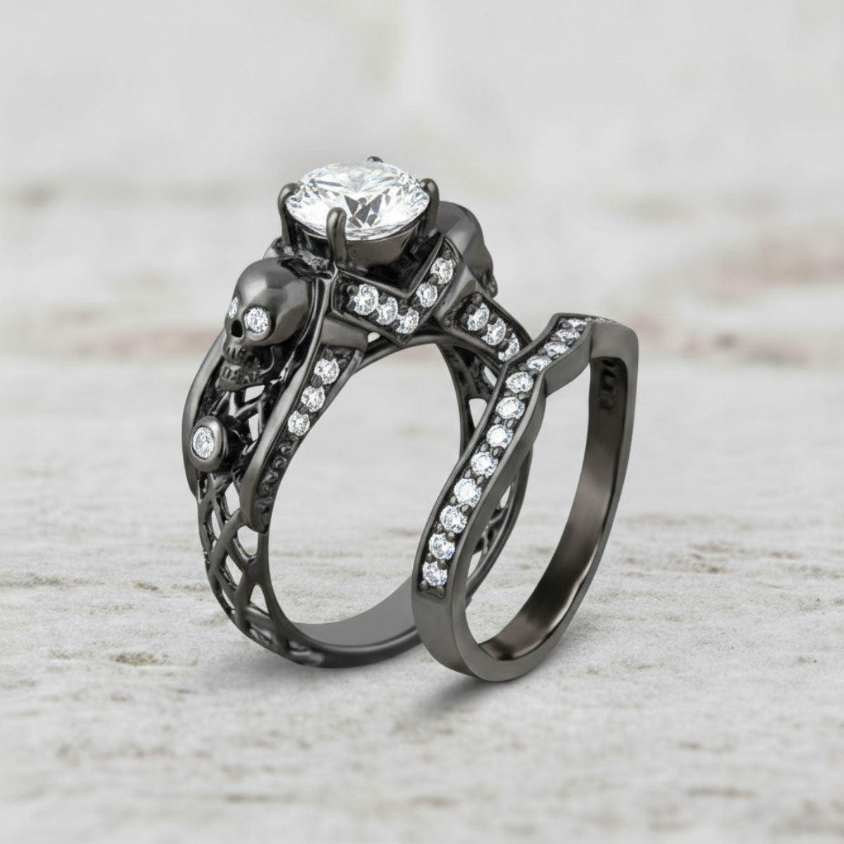 Diamond skull bridal ring set with criss cross mesh design in gun metal finished sterling silver
