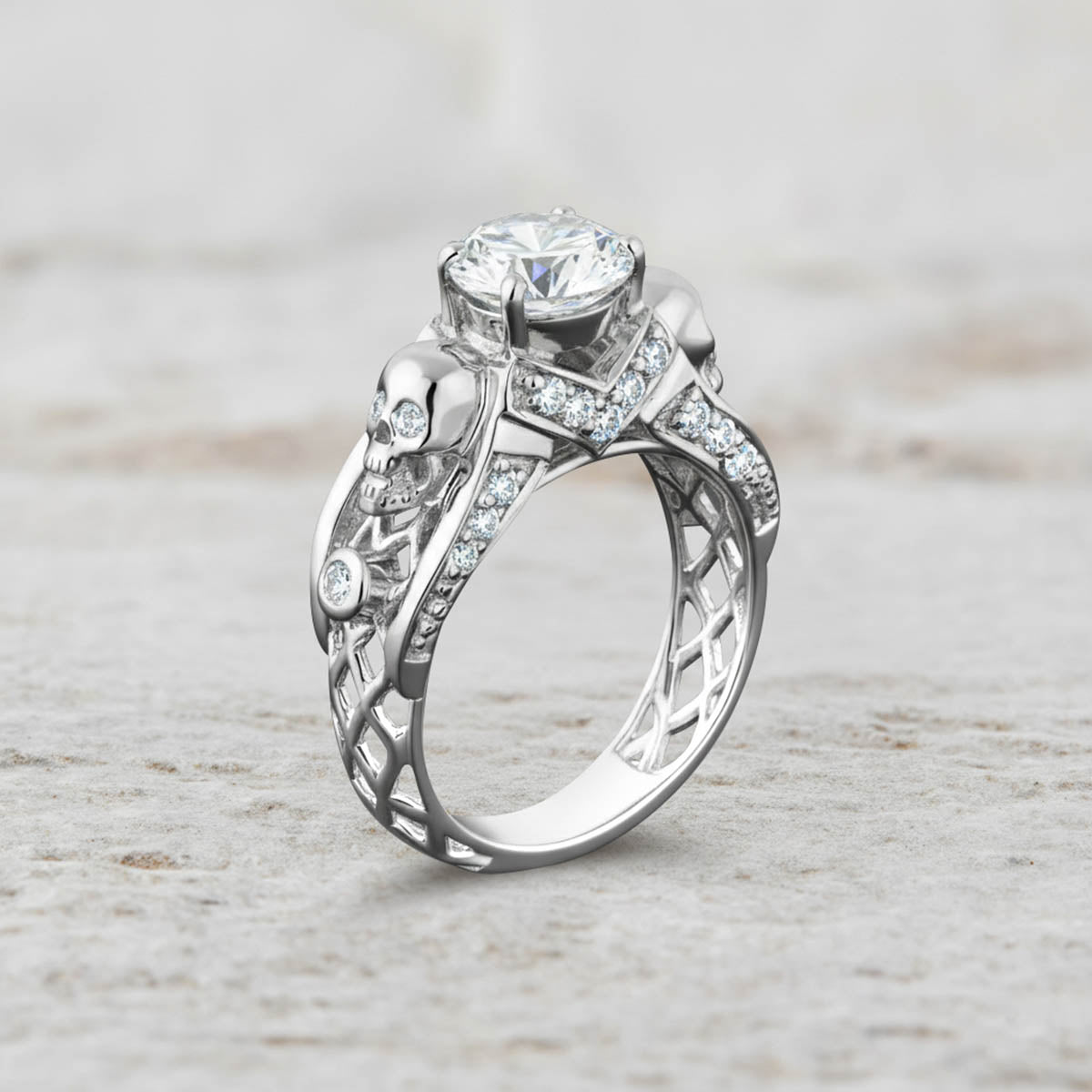 Diamond skull ring with criss cross mesh design in sterling silver or white gold
