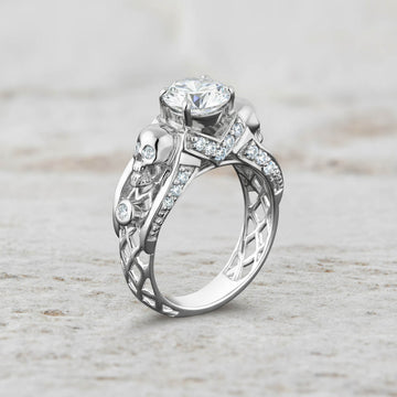 Diamond skull ring with criss cross mesh design in sterling silver or white gold