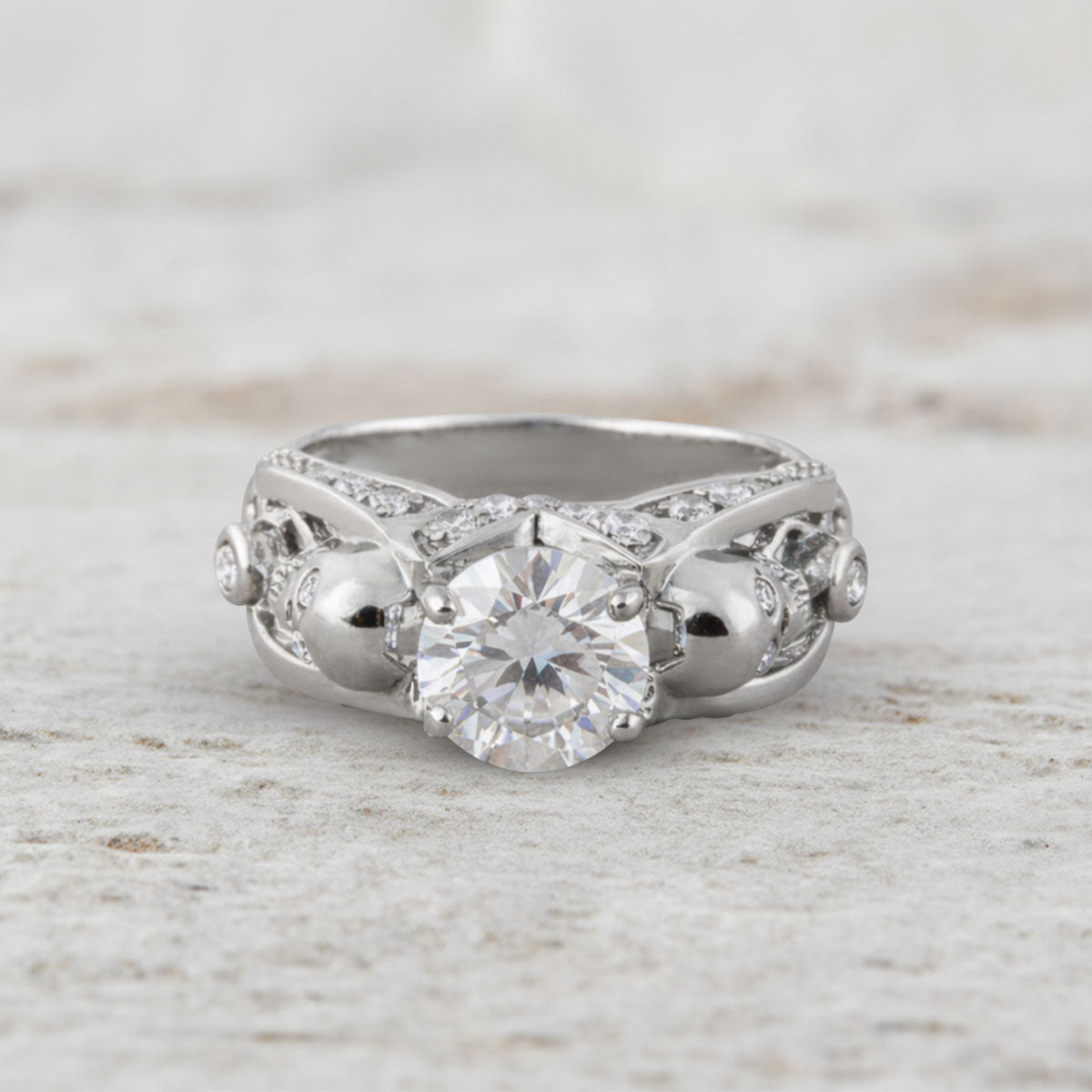 Diamond skull ring with criss cross mesh design in sterling silver or white gold