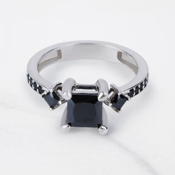 Black Moissanite Gothic Engagement Ring 3 Stone 14k White Gold