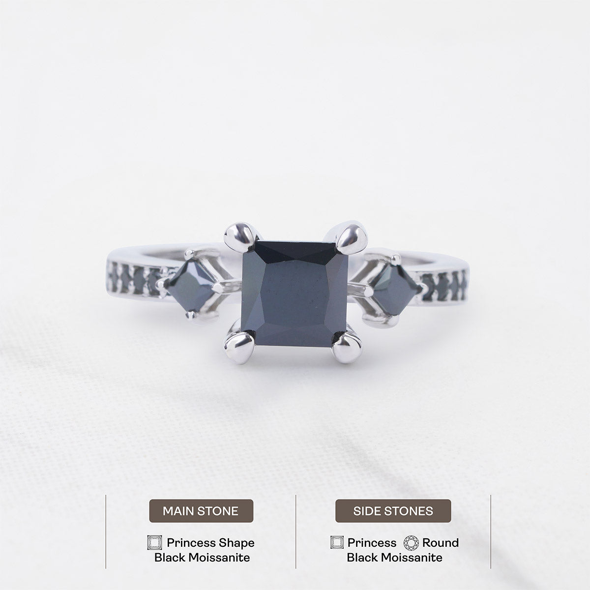 Black Moissanite Gothic Engagement Ring 3 Stone 14k White Gold
