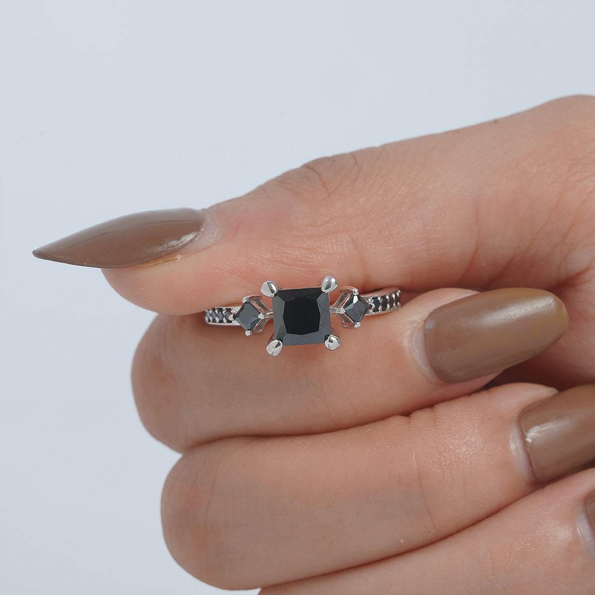 Black Spinel Gothic Engagement Ring 3 Stone Promise Ring