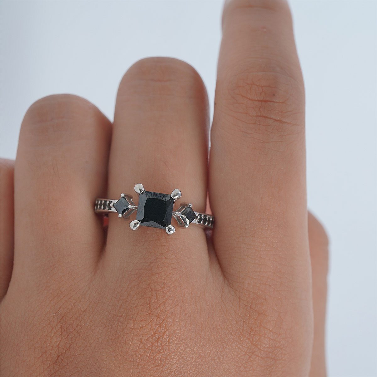 Black Spinel Gothic Engagement Ring 3 Stone Promise Ring