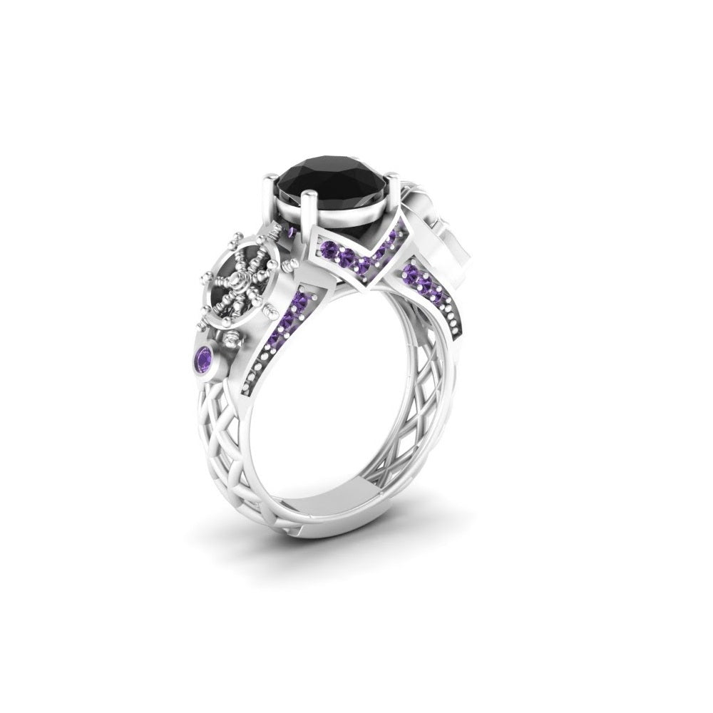 Pirate Skull Engagement Ring Steering Wheel and Skull Ring Womens