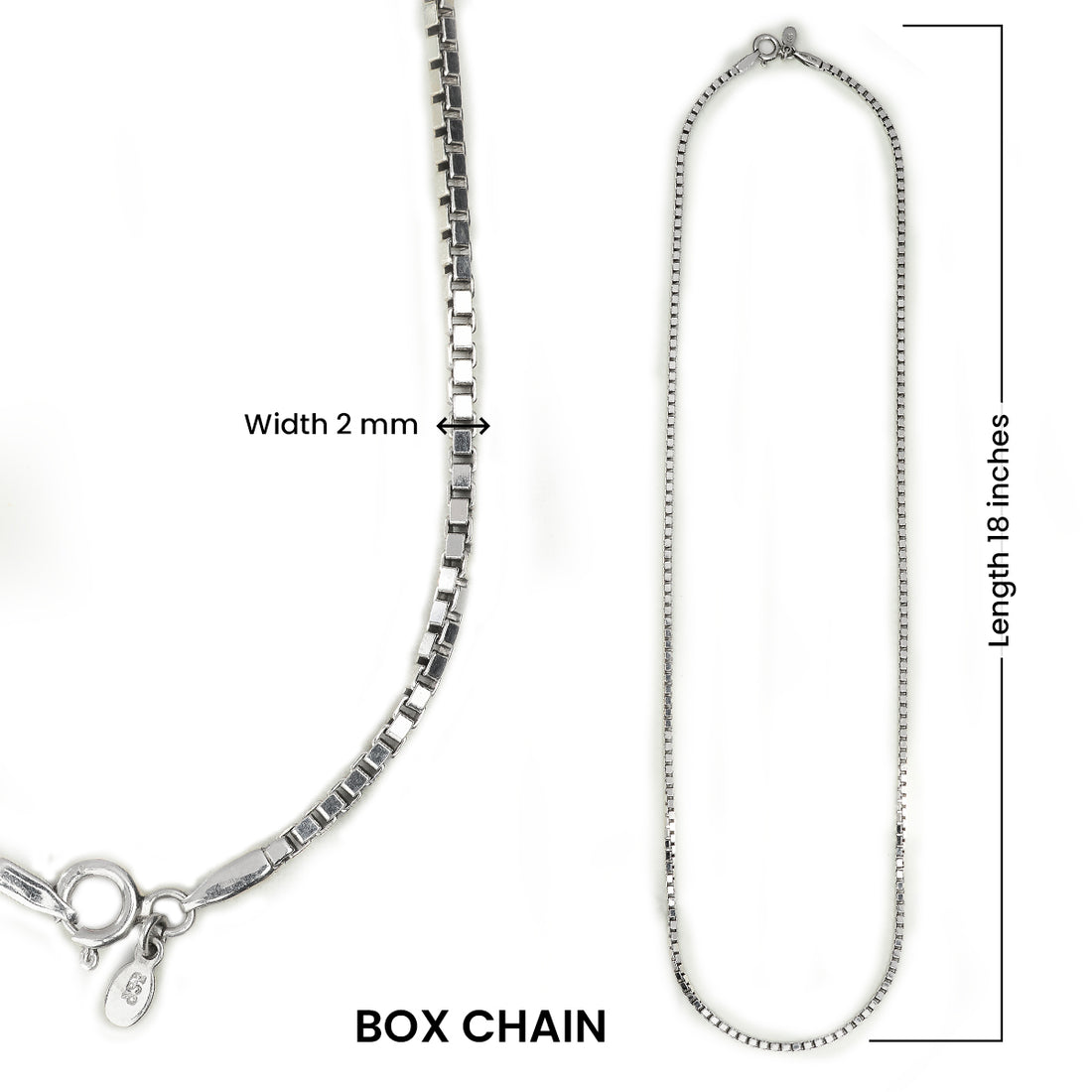 Box Chain Necklace 925 Sterling Silver 2mm Width, 18" Length Unisex Jewelry Dainty Men Women