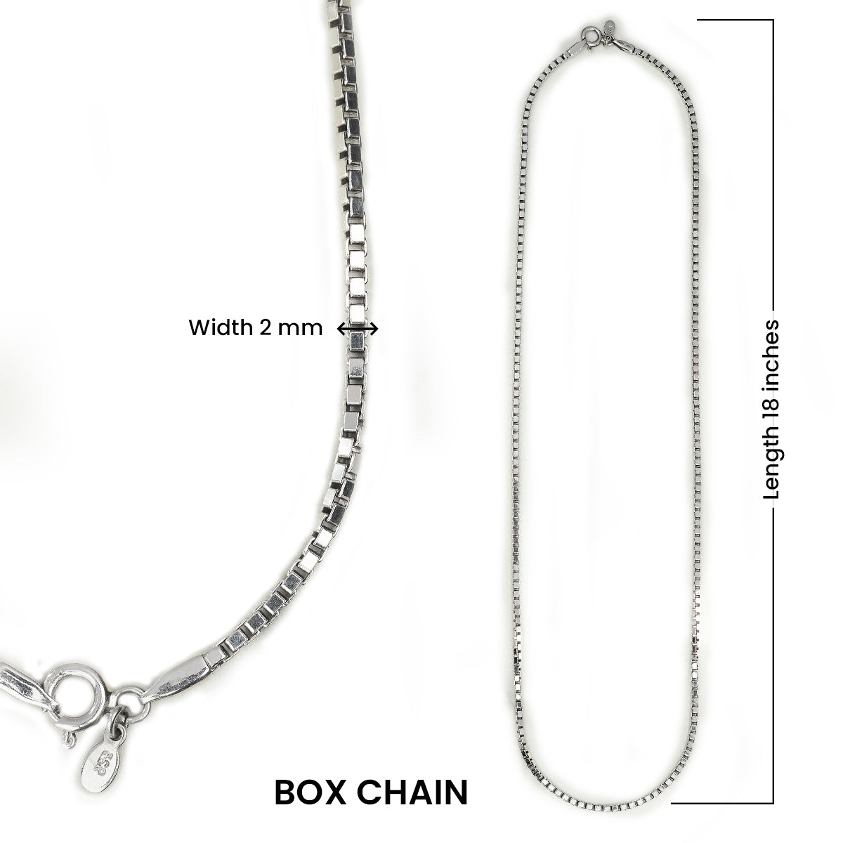 Box Chain Necklace 925 Sterling Silver 2mm Width, 18" Length Unisex Jewelry Dainty Men Women