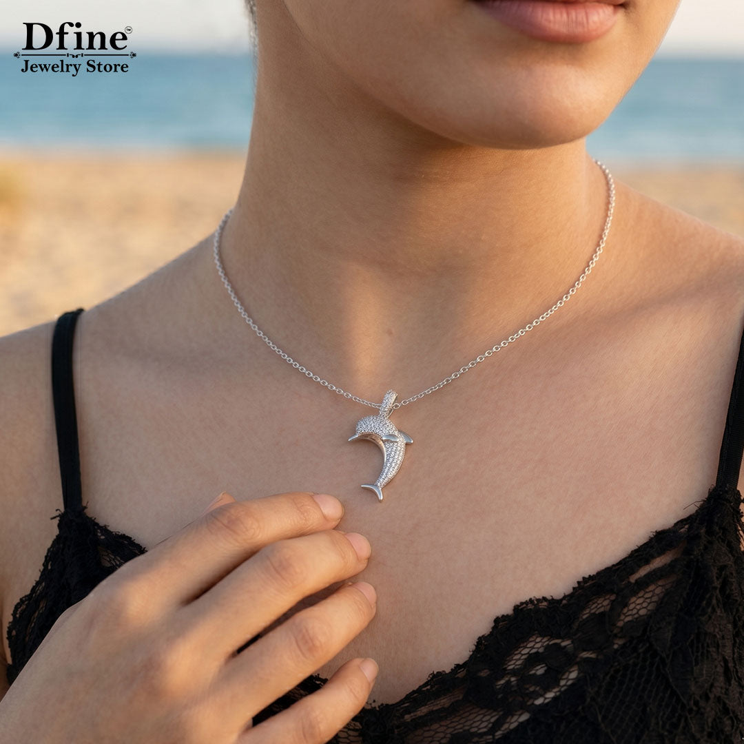 Dolphin Pendant Necklace Iced Out Ocean Jewelry Sterling Silver